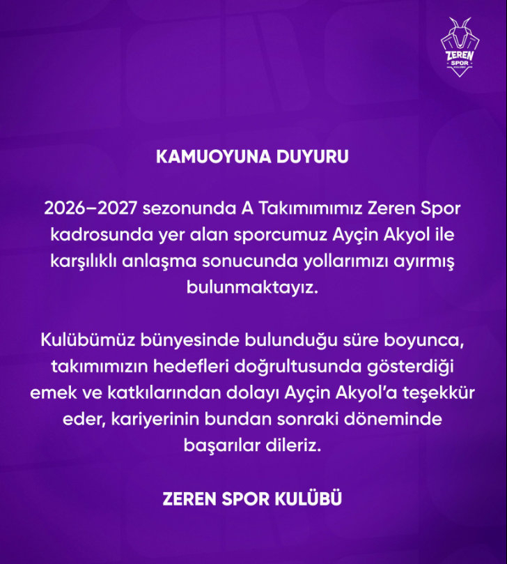 Vodafone Sultanlar Ligi ekiplerinden Zeren Spor'da kadroda bir ayrılık yaşandı.